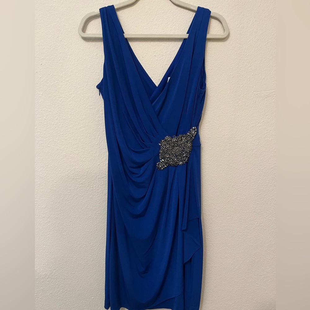 Blue Calvin Klein faux wrap cocktail dress